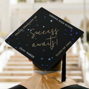 Modern Motivational Black Grad Stars Gold Script Graduation Cap Topper