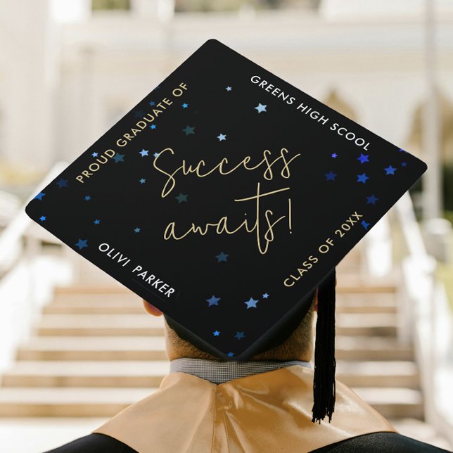 Modern Motivational Black Grad Stars Gold Script Graduation Cap Topper (Creator Uploaded)
