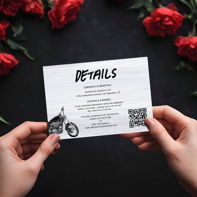 Modern Motorcycle Monogram QR code Wedding Details Enclosure Card (Creator Uploaded)