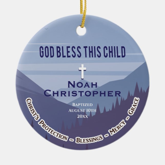 Modern Mountain God Bless Christening Baptism Ceramic Ornament (Front)