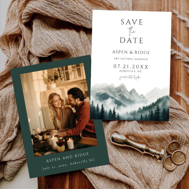 Modern Mountain Greenery Save the Date Photo Invitation (Creator Uploaded)