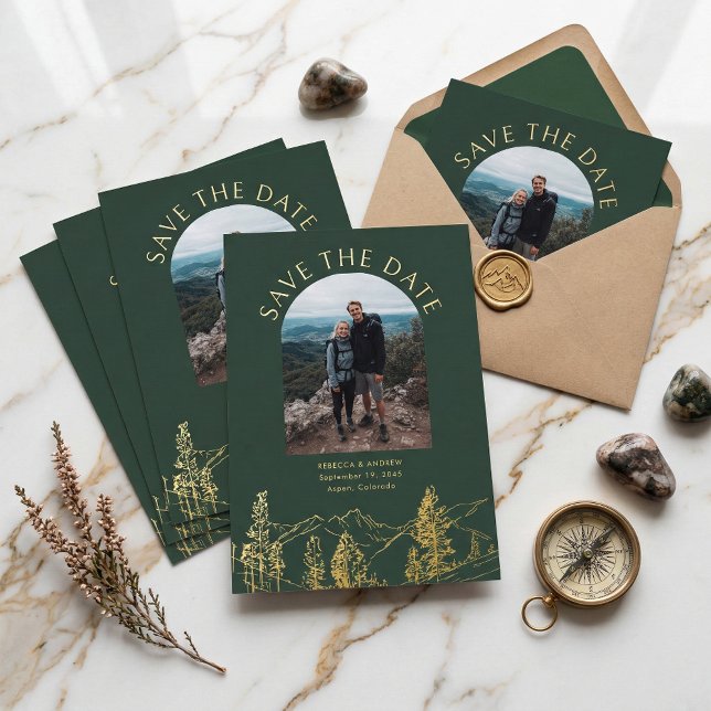 Modern Mountain Outdoors Wedding Save The Date (Mountain wedding save the date card with custom photo and gold foil)