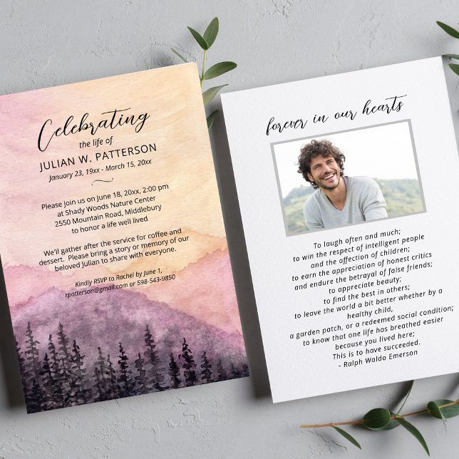 Modern Mountain Pines Celebration of Life Photo Invitation (Creator Uploaded)