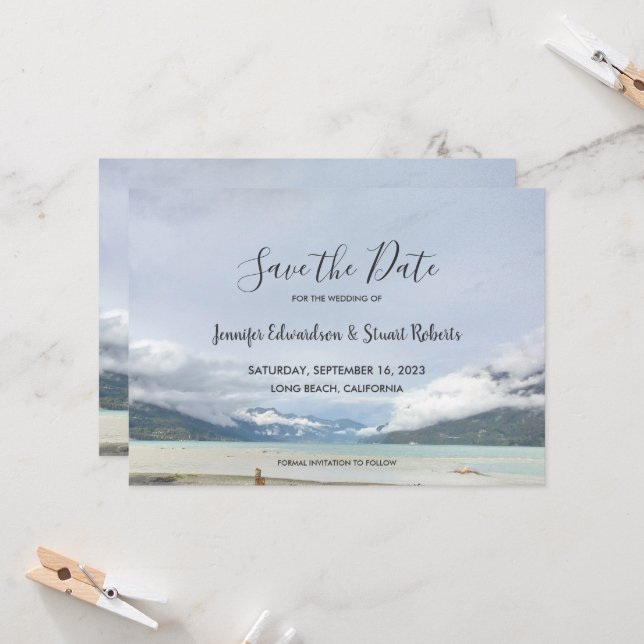 Modern mountain summer beach Save the Date card (Front/Back In Situ)