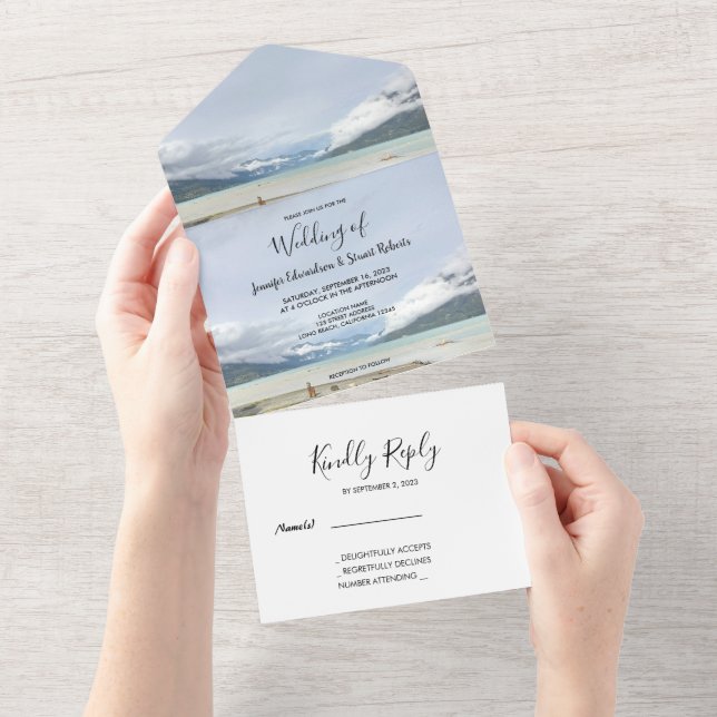 Modern mountain summer beach wedding all in one invitation (Tearaway)