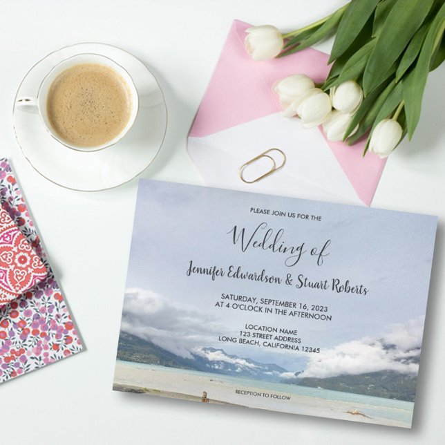Modern mountain summer beach wedding invitation (Rustic modern beach mountain wedding invitation.)