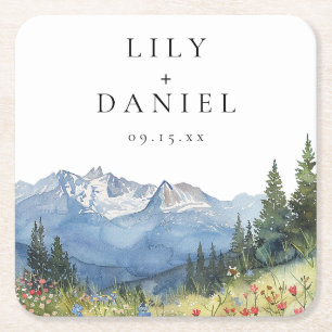 Modern Mountain Wildflower Wedding Square Paper Coaster