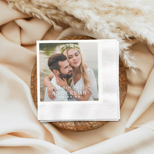 Modern Mr and Mrs Script Photo Wedding Napkin