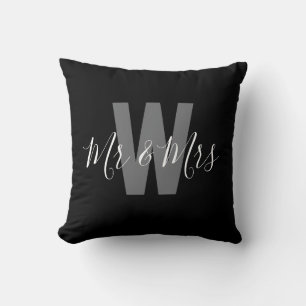 Modern Mr Mrs Black White Monogram Throw Pillow