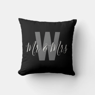 Modern Mr Mrs Black White Monogram Throw Pillow