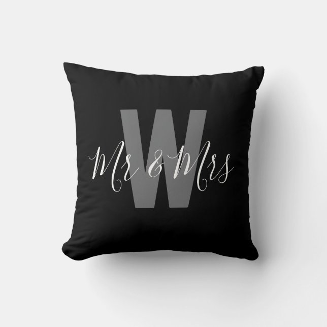 Modern Mr Mrs Black White Monogram Throw Pillow (Front)