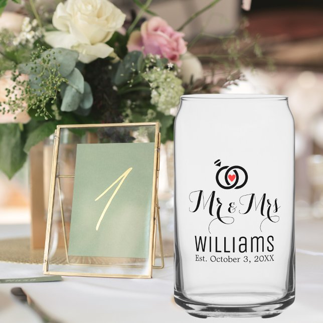 Modern Mr Mrs Name Date & Rings Design, Wedding Can Glass (Creator Uploaded)