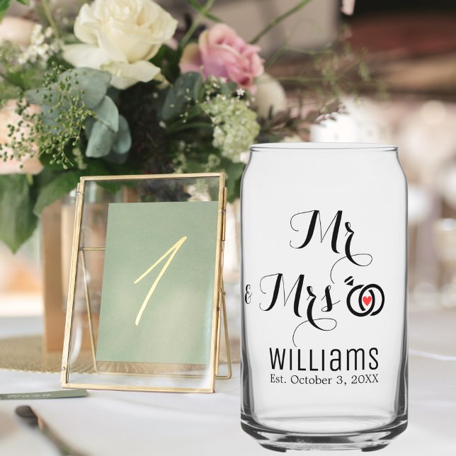 Modern Mr Mrs Name Date & Rings Design, Wedding Can Glass (Creator Uploaded)