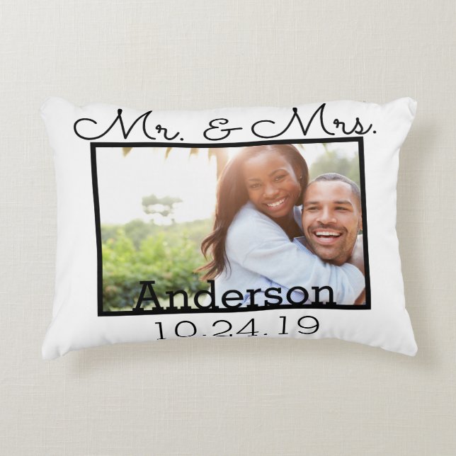 Modern Mr. & Mrs. Wedding Photo Family Name Accent Pillow (Front)