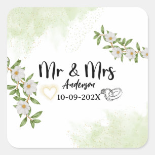 Modern mr & Mrs white and green watercolor floral Square Sticker
