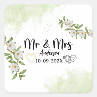 Modern mr & Mrs white and green watercolor floral Square Sticker