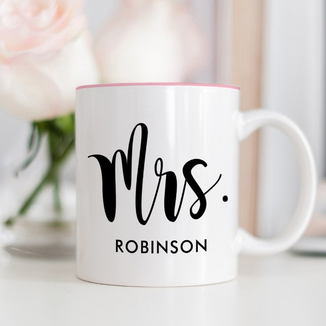 Modern Mrs Calligraphy Pink Monogram Two-Tone Coffee Mug (Creator Uploaded)