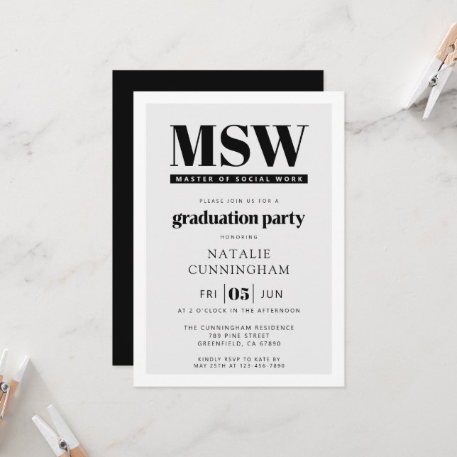 Modern MSW Master of Social Work Graduation Invitation (Front/Back In Situ)