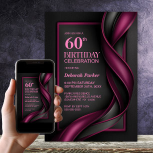 Modern Mulberry Red and Black 60th Birthday Party Invitation