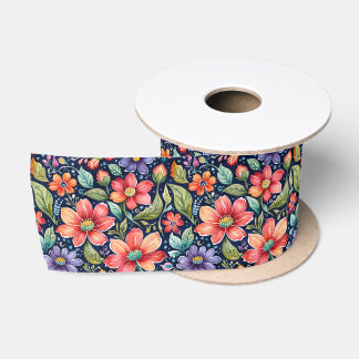 Modern Multi-colour Flowers Satin Ribbon