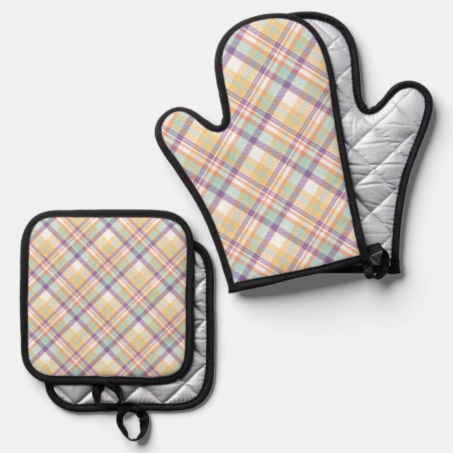 Modern Multi-Coloured Plaid Oven Mitt & Pot Holder Set (Front/Back)