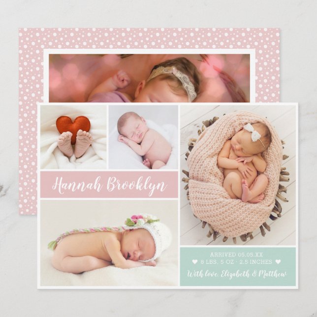 Modern Multi Photo Birth Announcement Card (Front/Back)