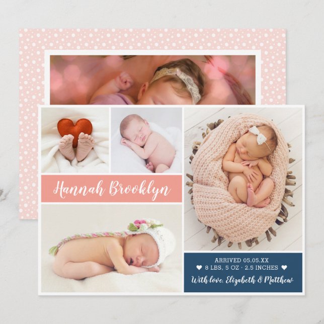 Modern Multi Photo Birth Announcement Card (Front/Back)