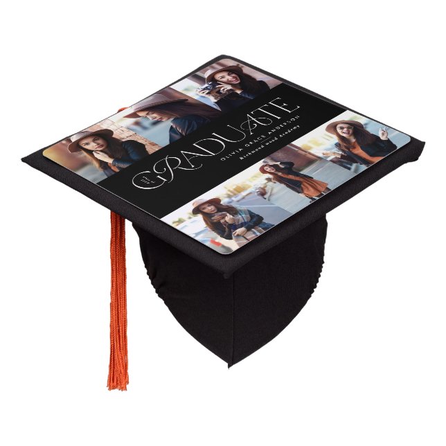 Modern multi photo black elegant graduate graduation cap topper (Angled)