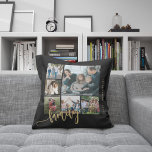 Modern multi photo collage family script keepsake throw pillow<br><div class="desc">Elegant modern family handwritten calligraphy script with six 6 custom photos black gold keepsake photo throw pillow template.              Please note that the background colour is changeable. You can replace the black with any other colour after selecting CUSTOMIZE option.</div>