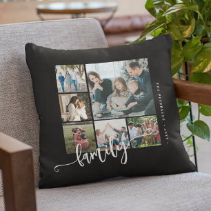 Modern multi photo collage family script keepsake throw pillow