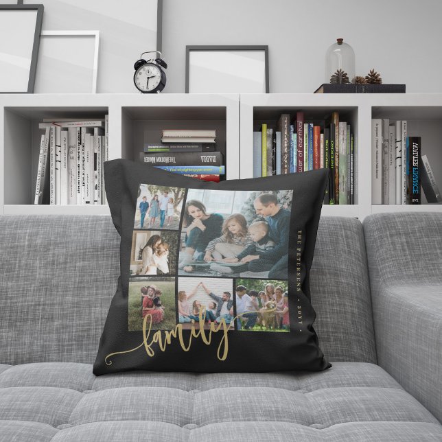 Modern multi photo collage family script keepsake throw pillow (Creator Uploaded)