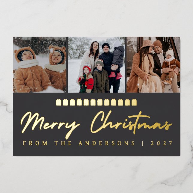 Modern Multi Photo Collage Merry Christmas Foil Holiday Card (Front)