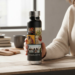 Modern Multi Photo Collage Personalized Name Water Bottle