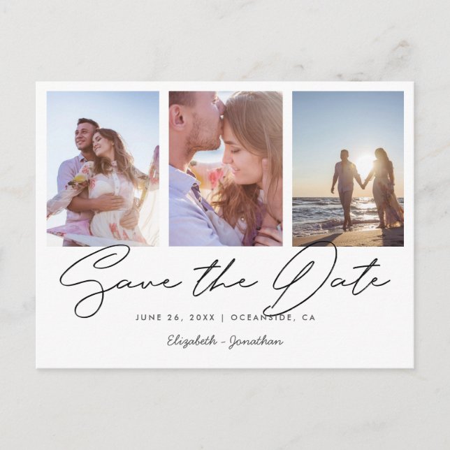 Modern Multi Photo Collage Wedding Save the Date Invitation Postcard (Front)