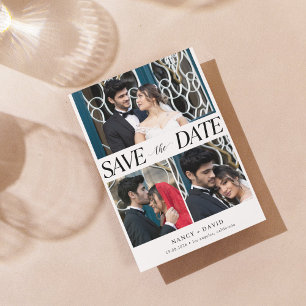 Modern Multi Photo Collage White Wedding Save The Date