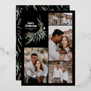 Modern multi photo elegant watercolor botanical foil holiday card