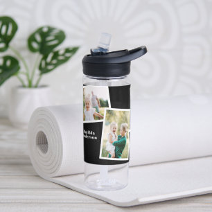 Modern multi photo family black simple family gift water bottle