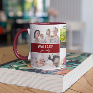Modern Multi Photo Family Burgundy Red collage Mug