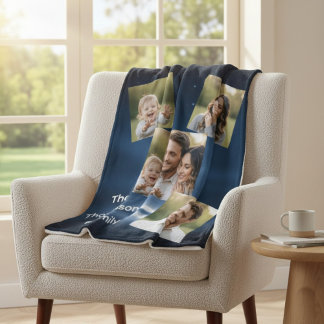 Modern Multi-Photo Family Name Custom Fleece Blanket