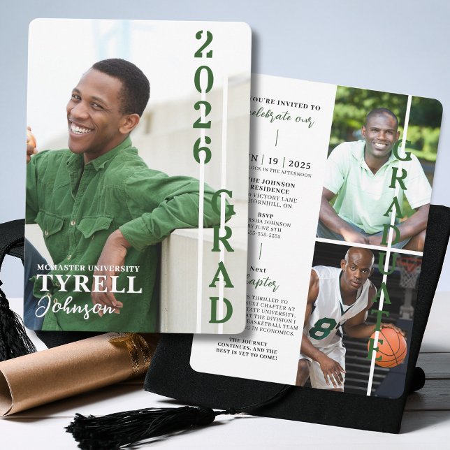 Modern Multi Photo Graduation Class of 2026 Invitation (Modern multi photo graduation announcement with vertical 2026 graduate design and custom details.)
