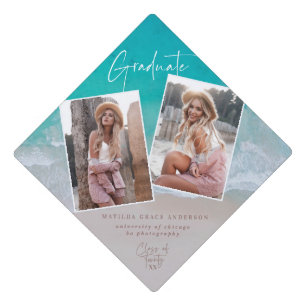 Modern multi photo graduation ocean beach modern cap topper