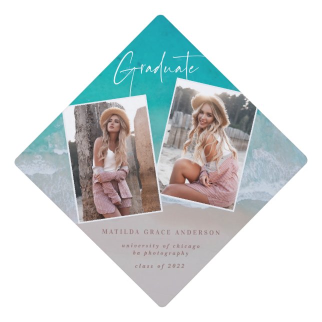 Modern multi photo graduation ocean beach modern g graduation cap topper (Front)