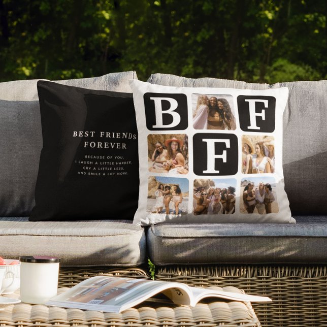 Modern Multi Photo Grid BFF Quote Black Throw Pillow (Creator Uploaded)