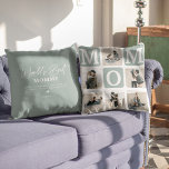 Modern Multi Photo Grid Cute MOM Gift  Throw Pillow<br><div class="desc">Create your very own MOM pillow with this modern multi-photo grid collage and text. Design features 6 Photographs with curved corner squares with the text MOM in teal blocks that can be changed to any colour. On the reverse the text 'World's Best Mommy' with a cute mother quote that can...</div>