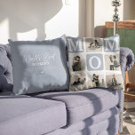 Modern Multi Photo Grid Cute MOM Gift  Throw Pillow<br><div class="desc">Create your very own MOM pillow with this modern multi-photo grid collage and text. Design features 6 Photographs with curved corner squares with the text MOM in dusty blue blocks that can be changed to any colour. On the reverse the text 'World's Best Mommy' with a cute mother quote that...</div>