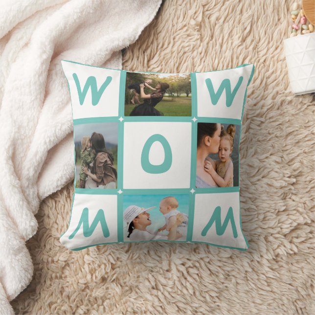 Modern Multi Photo Grid Cute WOW MOM Gift Throw Pillow (Blanket)