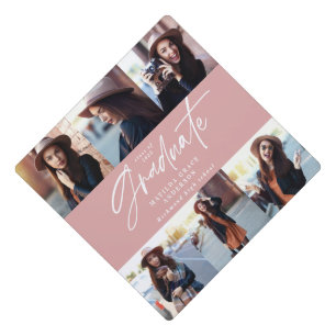 Modern multi photo pink girly elegant script graduation cap topper