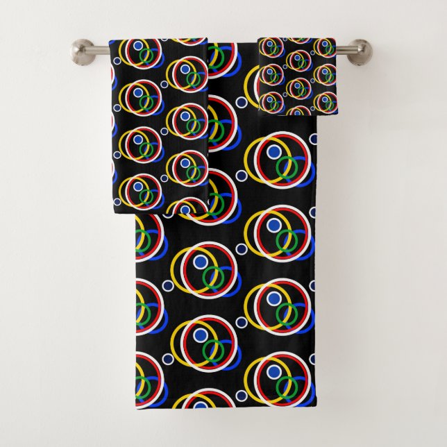 Modern Multicolor Abstract Circles on Black Bath Towel Set (Insitu)