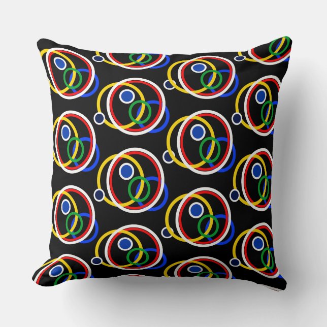Modern Multicolor Abstract Circles on Black Throw Pillow (Front)