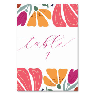 Modern Multicolor Floral Wedding Script Table Number